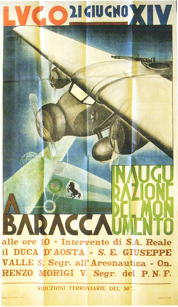 Manifesto per l’inaugurazione del monumento dedicato all'asso dell'aviazione italiana Francesco Baracca a Lugo (Ravenna) nel giugno1936. (Archivio storico comunale di Lugo).