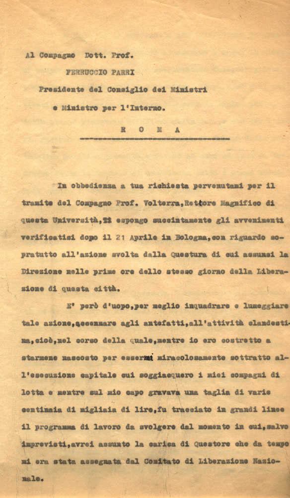 Relazione dell'ex questore Romolo Trauzzi a Ferruccio Parri, 4 luglio 1945, p. 1