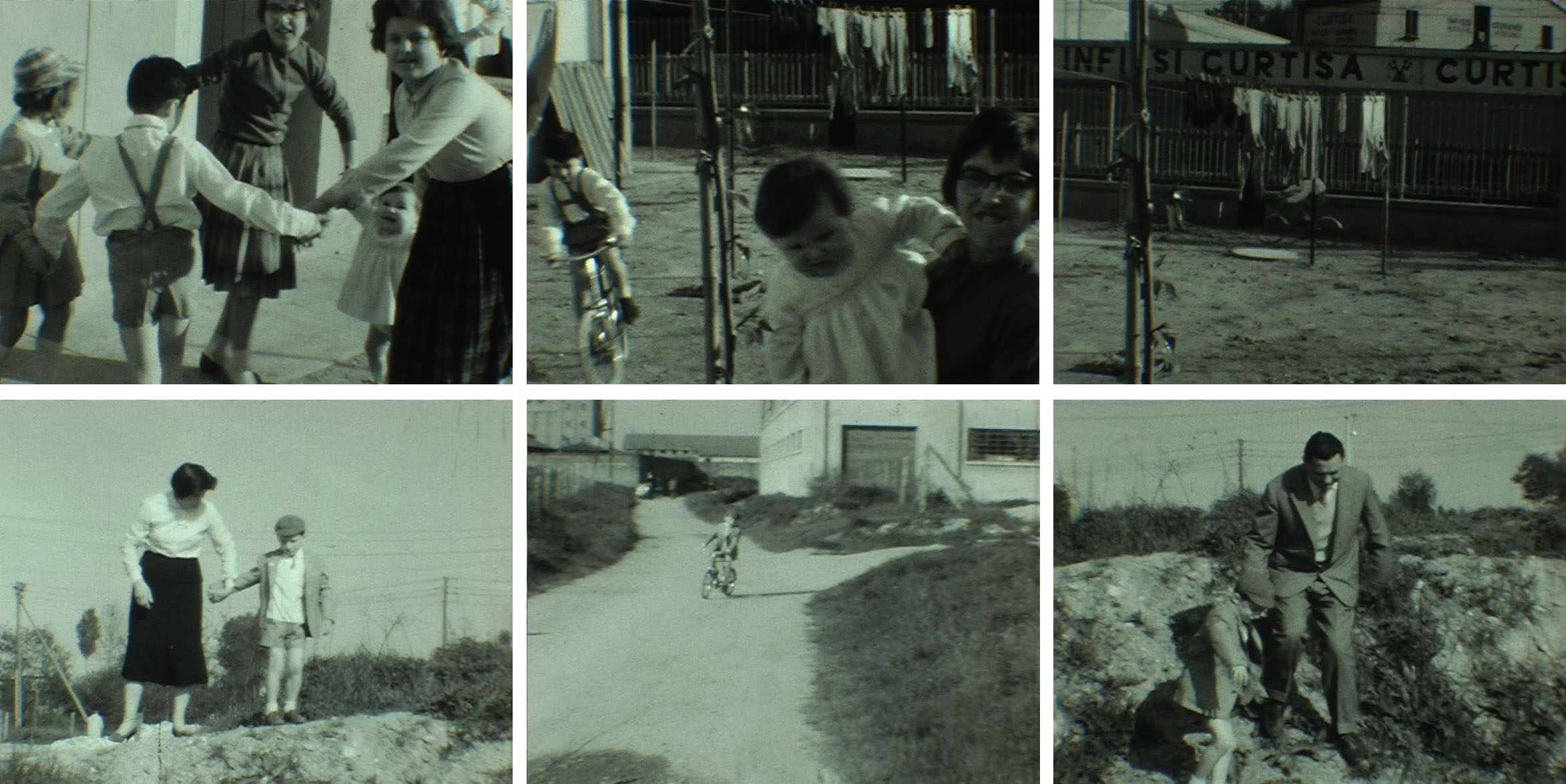 Figg. 1-6. Fotogrammi dalla bobina 3 (1958): i bambini giocano nel cortile vicino alla ferrovia (figg. 1-3); la famiglia Calanchi a passeggio nei dintorni (figg. 4-6).