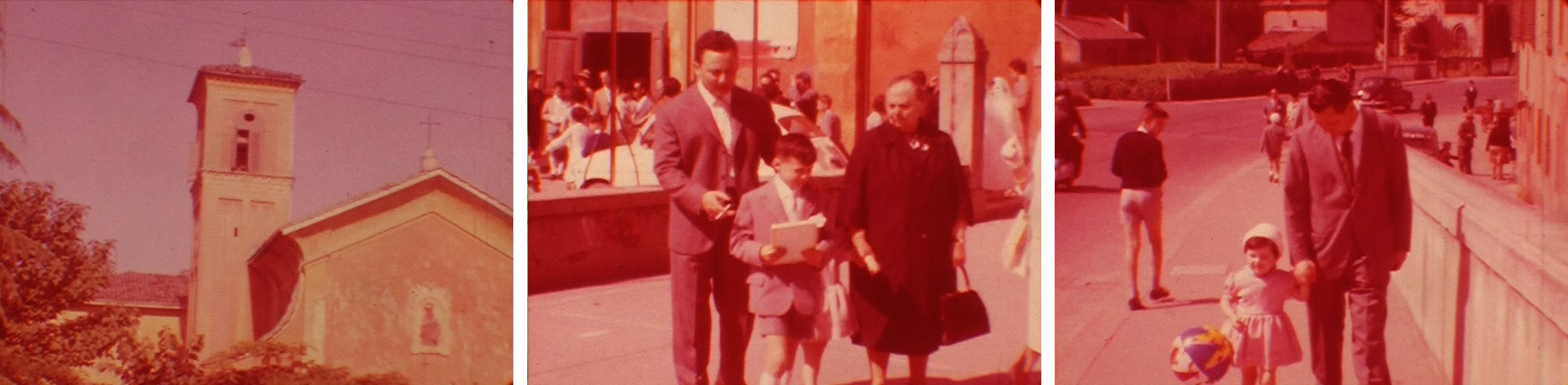 Figg. 7-9. Fotogrammi dalla bobina 6 (1961): la prima comunione di Stefano Calanchi nella chiesa di Sant’Egidio (figg. 7-8); Corrado e la figlia Cristina sul ponte, verso casa (fig. 9).