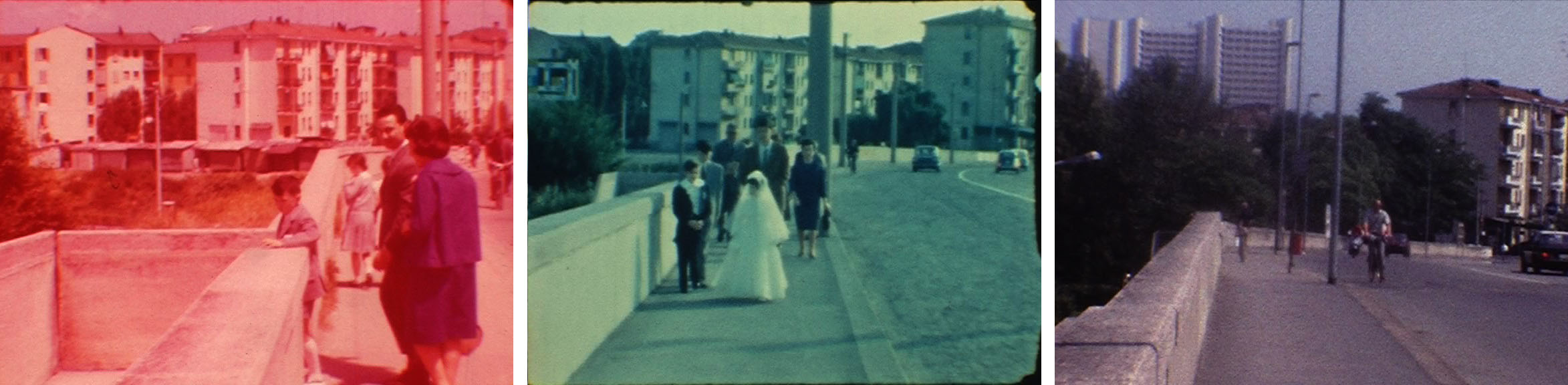 Figg. 10-12. Fotogrammi dalle bobine 6 e 11: il ponte sopra via Vezza, con scorcio su via San Donato, nel 1961 (fig. 10), nel 1966 (fig. 11) e nel 1986 (fig. 12).