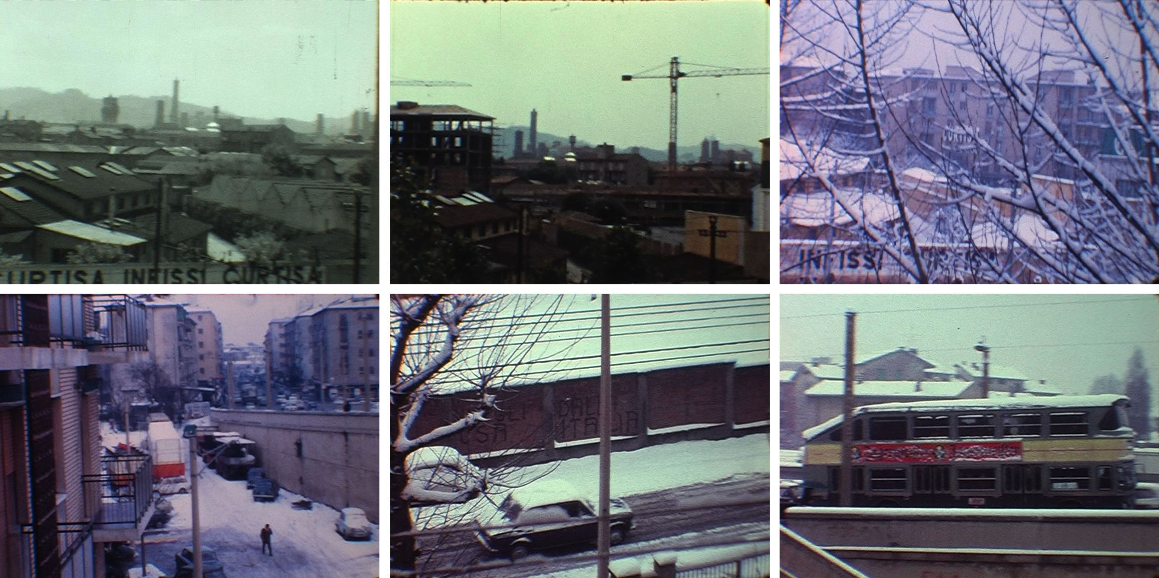 Figg. 13-18. Fotogrammi dalle bobine 3, 8, 13, 22: (13-15) vedute dalla finestra in direzione della ferrovia e del ponte nel 1958 (fig. 13), nel 1963 (fig. 14) e nel 1970 (fig. 15).