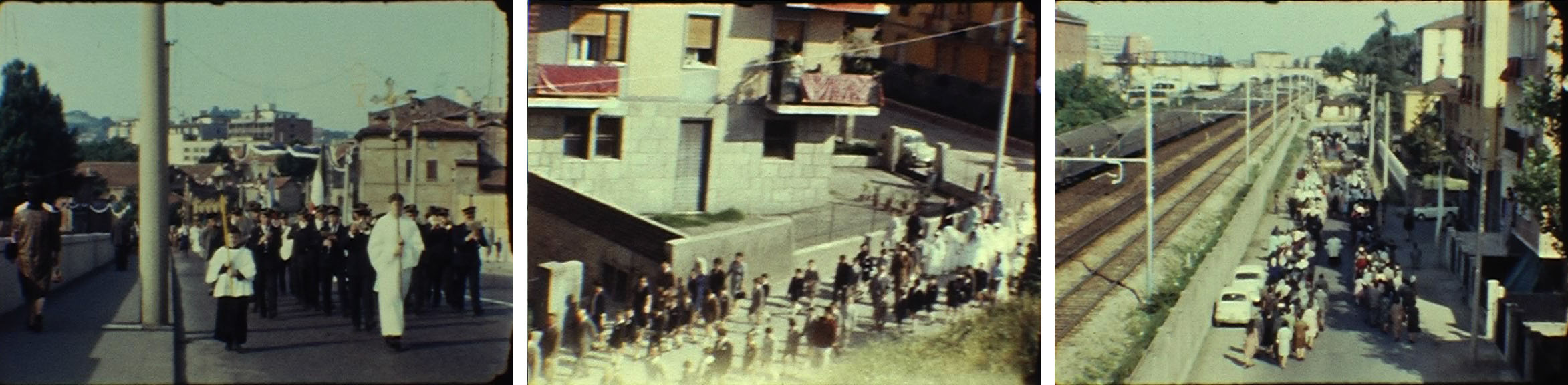 Figg. 19-21. Fotogrammi dalla bobina 11: la processione sul ponte di San Donato (fig. 19) e per via Vezza nel 1966 (figg. 20-21).