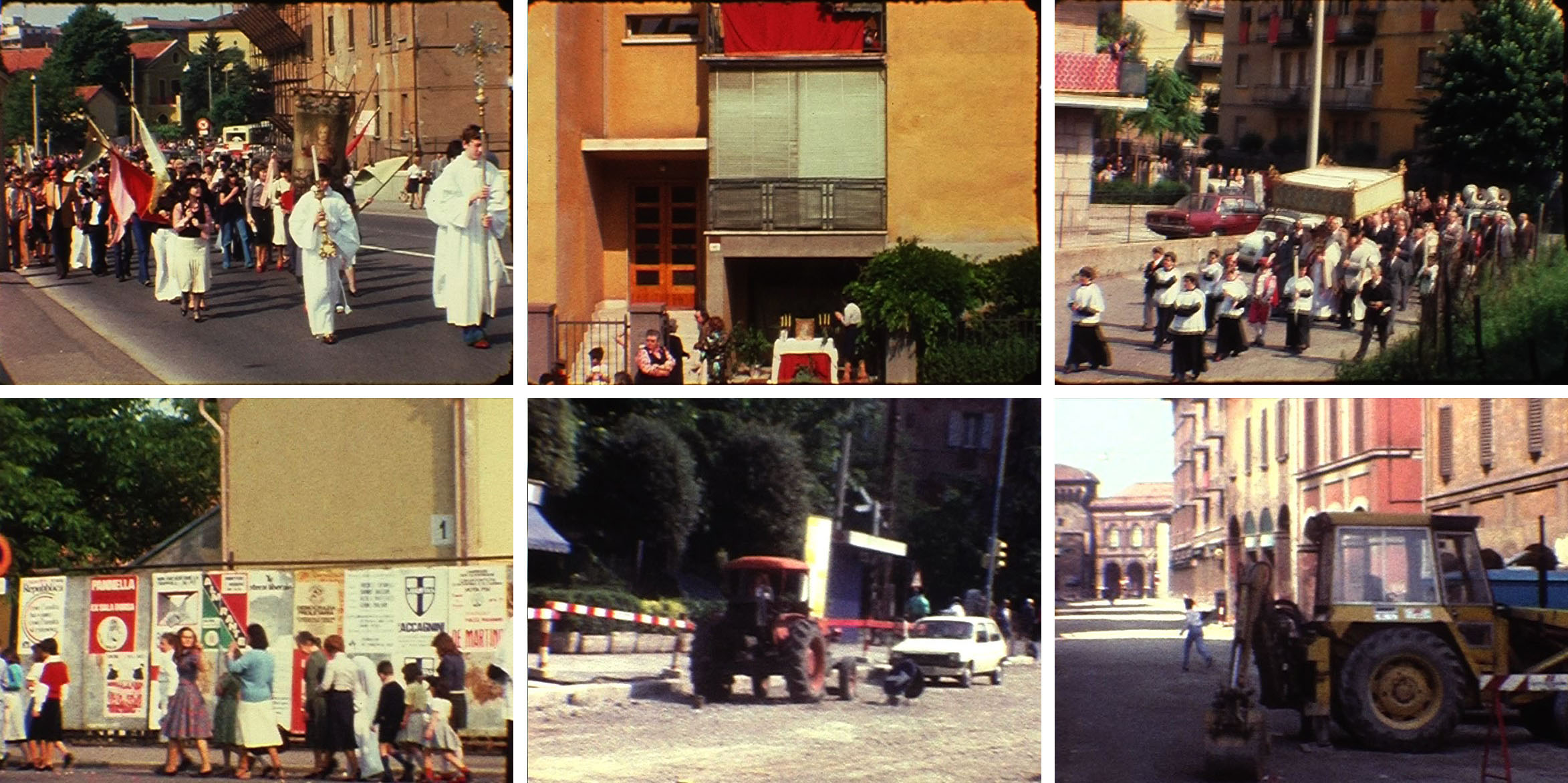 Figg. 22-27. Fotogrammi dalla bobina 11: la processione del 1976 sul ponte di San Donato (figg. 22 e 24); un piccolo altare di fronte a casa Calanchi (fig. 23); manifesti elettorali lungo le strade (fig. 25); il cantiere in via San Donato nel 1976 (figg. 26-27).