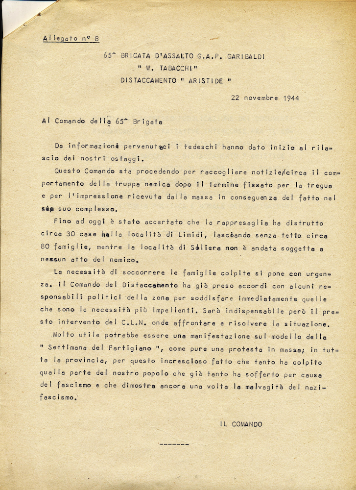 Documenti riguardanti le trattative intercorse fra il Comando della 65a Brigata d’assalto Garibaldi W. Tabacchi, allegato 8 [Aismo, Bp, b. 3, f. 3]