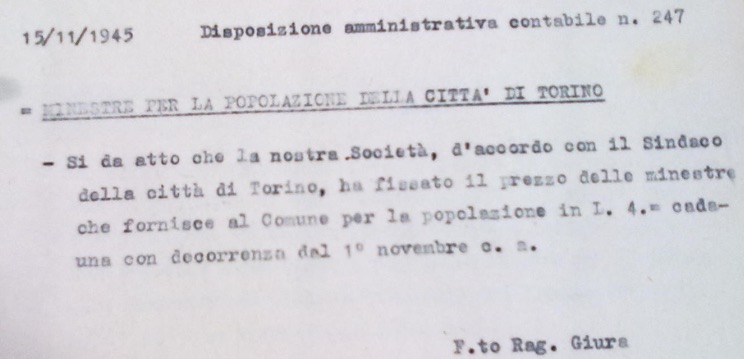 Costo delle minestre fornite ai Torinesi da Fiat (Archivio storico Fiat, Torino, Disposizione amministrativa contabile 247)