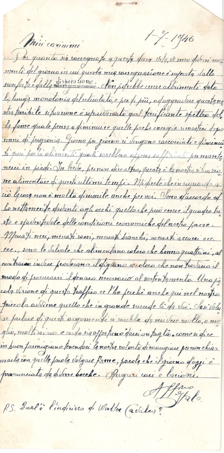 Fig. 4. Lettera inviata alla famiglia da Italo Frambati dal campo di Zonderwater (Sudafrica) in data 1° luglio 1946