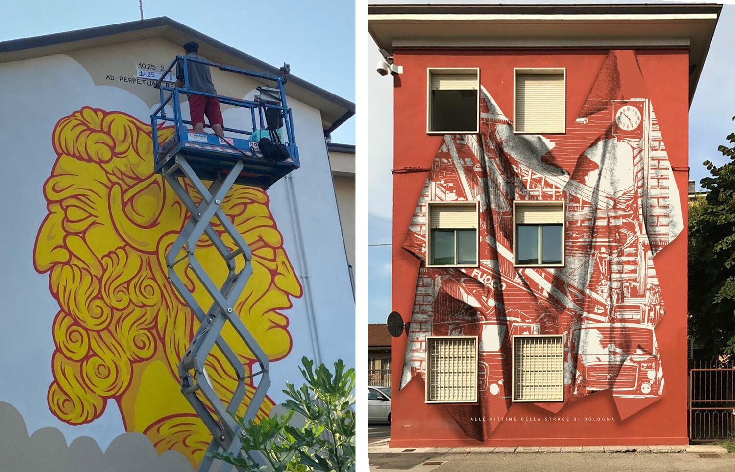Murales realizzati a Reggio Emilia da PsikoPlanet e a Modena da Zamoc (foto Archivio Associazione fra i famigliari delle vittime della strage alla stazione di Bologna).