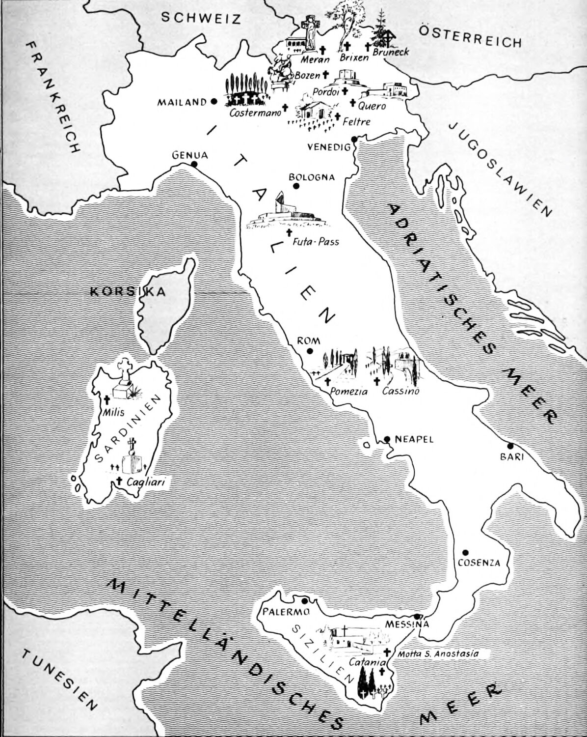 Fig. 6. Una mappa dei cimiteri tedeschi in Italia [Italien 1969, 77]