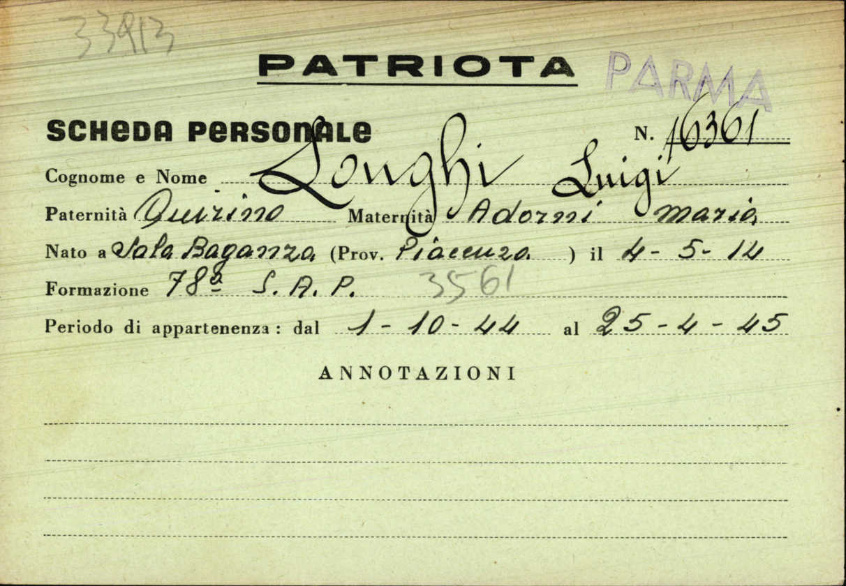 Fig. 3. Certificato rilasciato a don Luigi Longhi dalla Commissione riconoscimento qualifica partigiani dell’Emilia-Romagna.