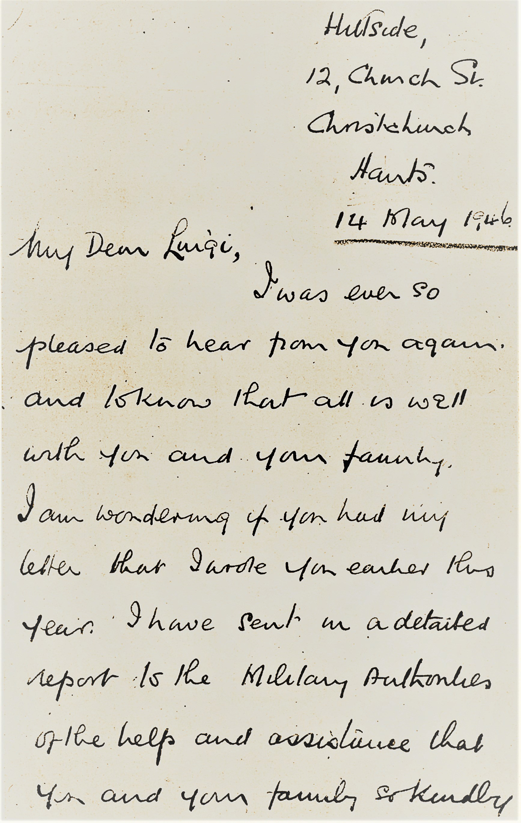 Fig. 4. Prima pagina della lettera inviata dal tenente Heath a don Luigi Longhi, in data 14 maggio 1946 [AISPR, fondo don Luigi Longhi].