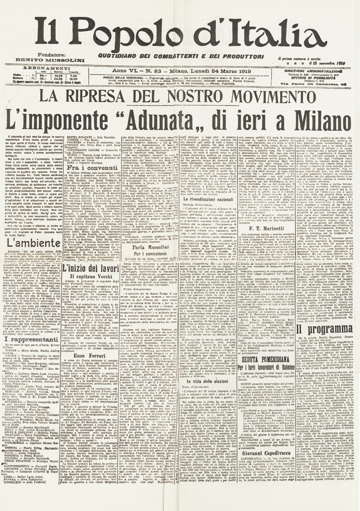 Fig. 2. Prima pagina de «Il Popolo d’Italia» del 24 marzo 1919.
