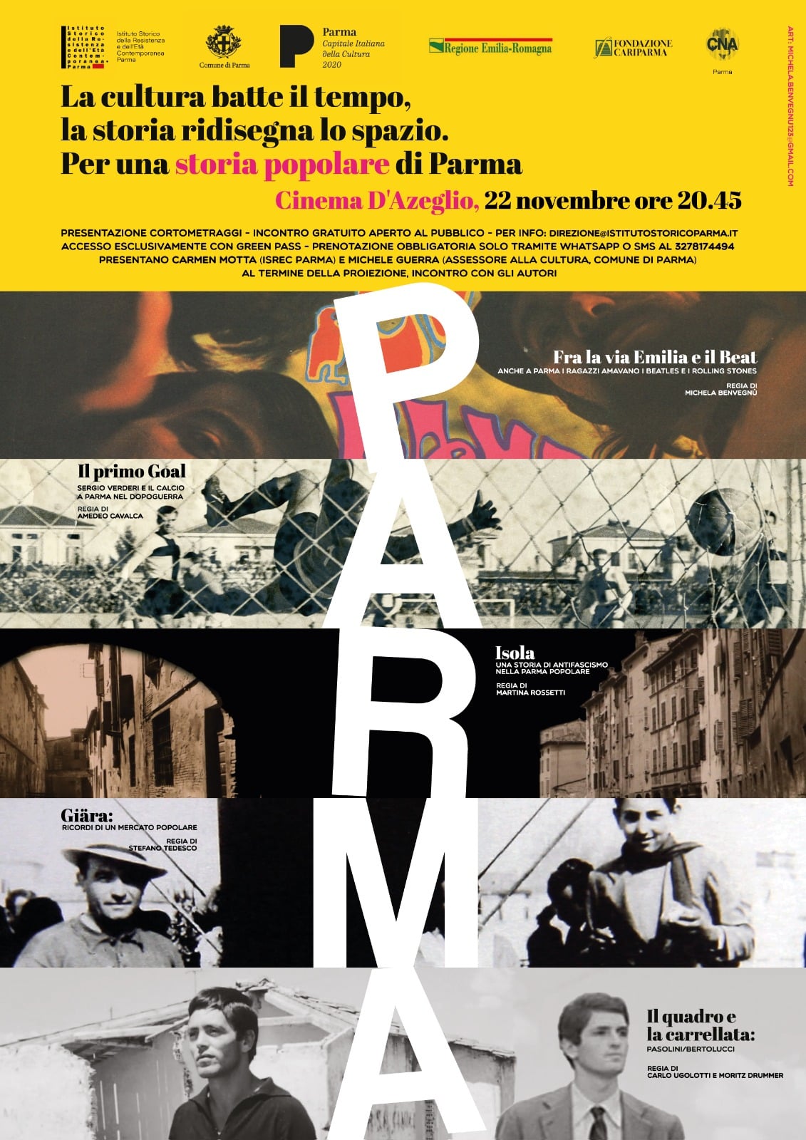 Fig. 1. Locandina della prima proiezione di “Per una storia popolare di Parma”, tenuta al cinema D’Azeglio il 22 novembre 2021.