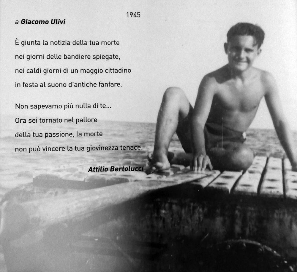 Immagine di Giacomo Ulivi in barca e poesia di Attilio Bertolucci a lui dedicata